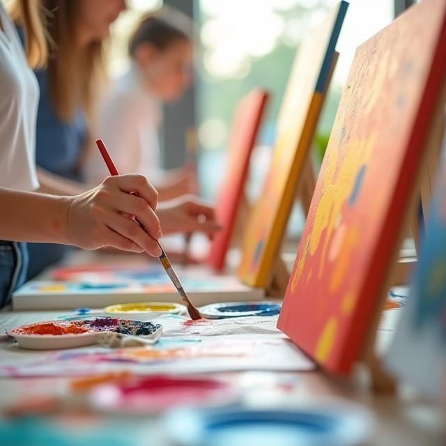 Adults painting vibrant canvases