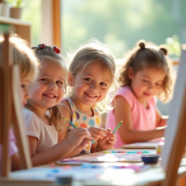 Children happily painting at easels
