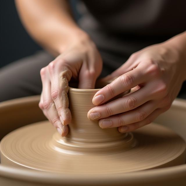 Hands shaping clay on a pottery wheel