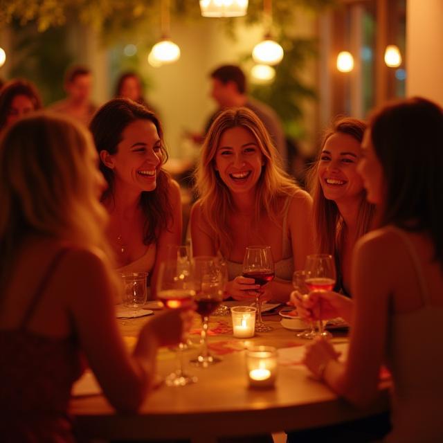 Friends laughing during a sip & paint night